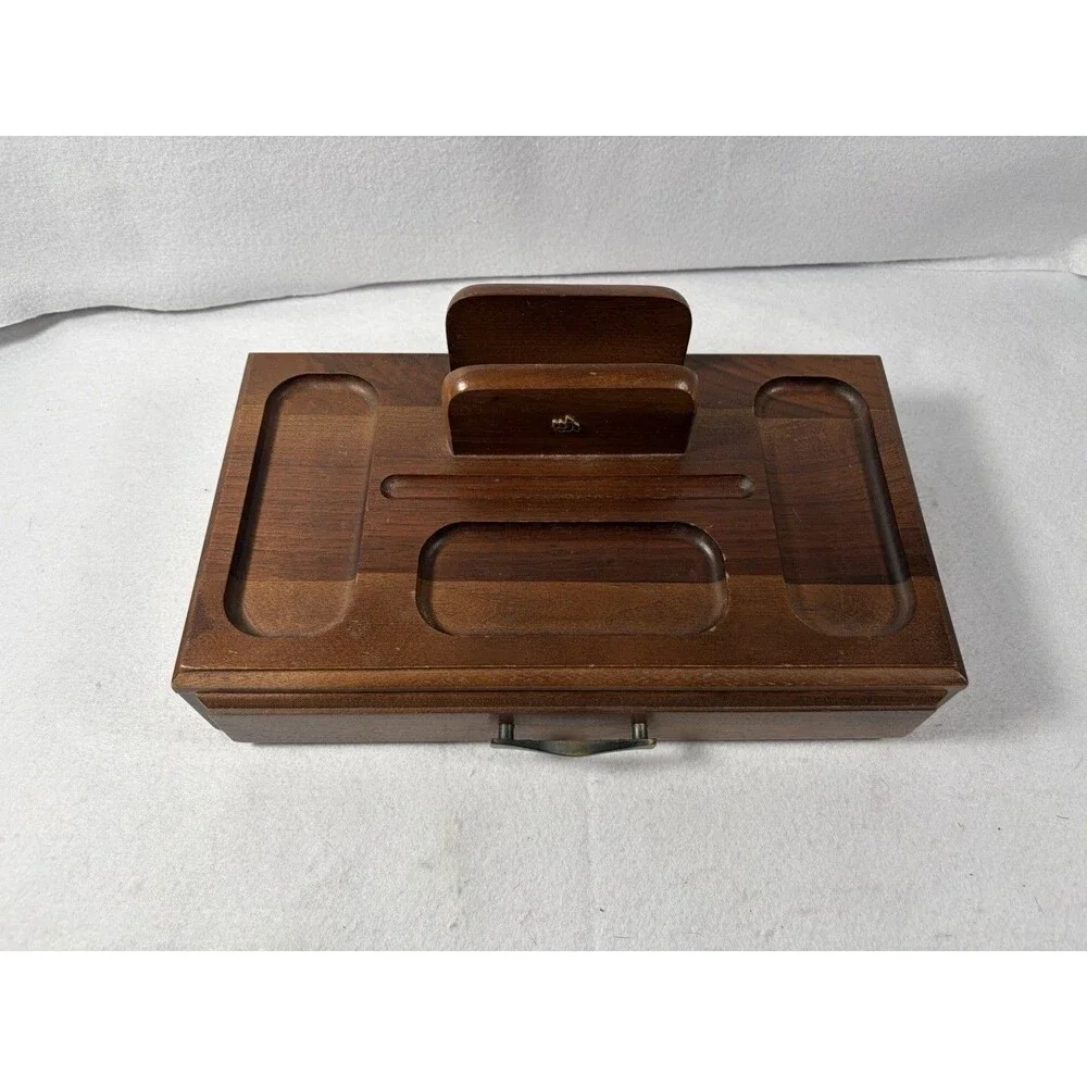 Vintage MCM Walnut Men’s Valet Box Dresser Organizer Orange Velvet Drawer